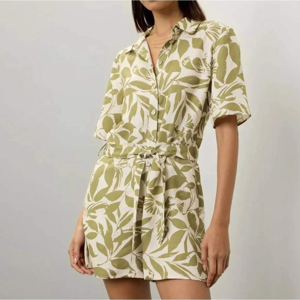 Peter Som Tropical Print Romper Green Leaf Linen Blend Button Front Womens Sz 12